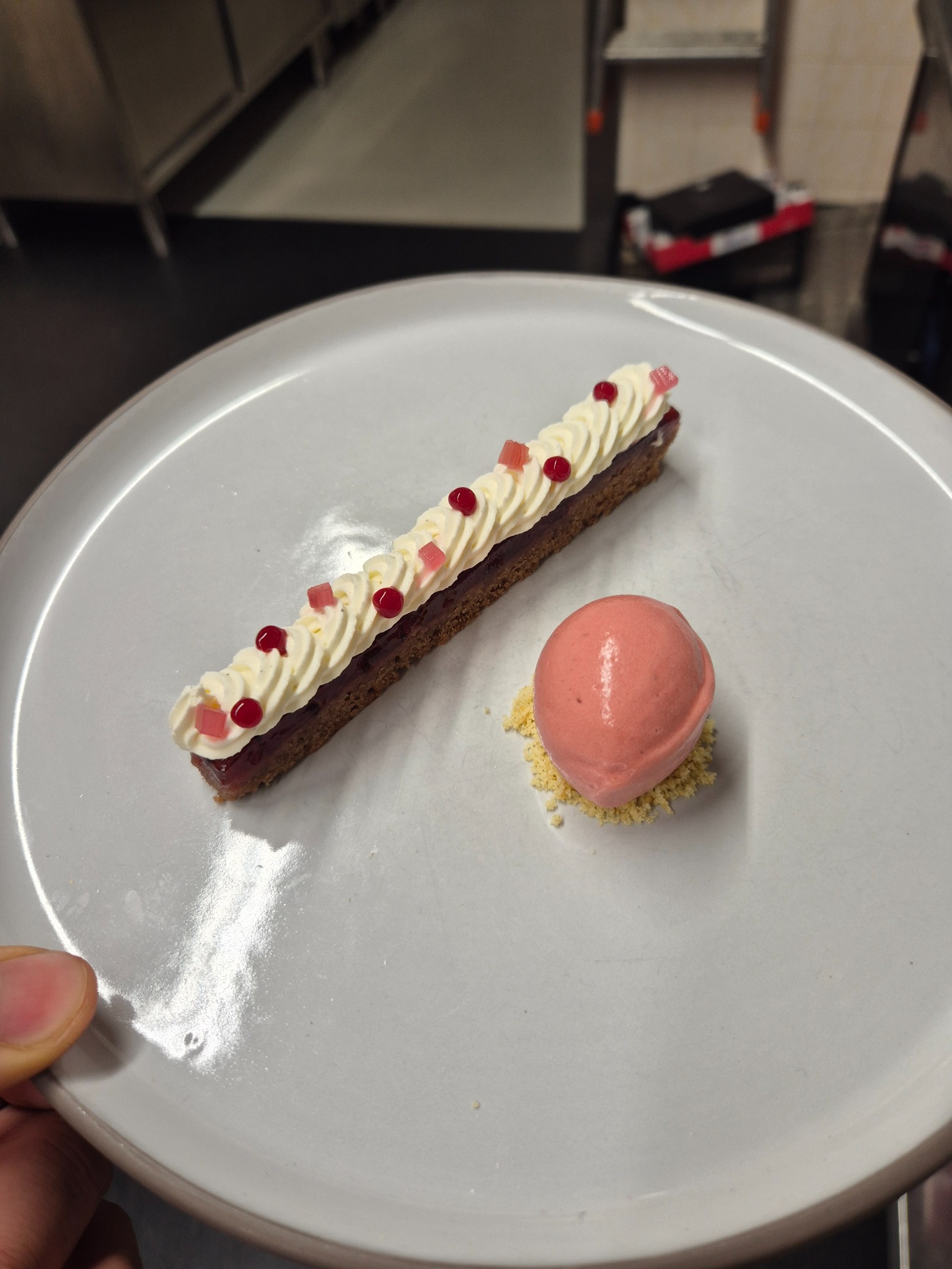Lorenzo’s Linzer: a long dessert with cream and pink sorbet, photographed in the kitchen